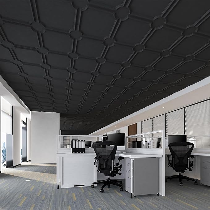 Art3d 2x2 Ft Drop Down PVC Ceiling Tiles, 3D Textured Glue up Ceiling Panel for Office Living Room Home Decor - 12-Pack Covers 48 Sq.Ft, Black