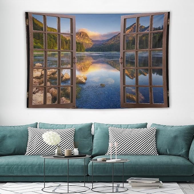 ZhiRain Mountain Scenery Tapestry Wall Hanging Wooden Window View Beautiful Lake Landscape Tapestries Home Decor for Living Room Bedroom Apartment Farmhouse Dorm 40"x60"