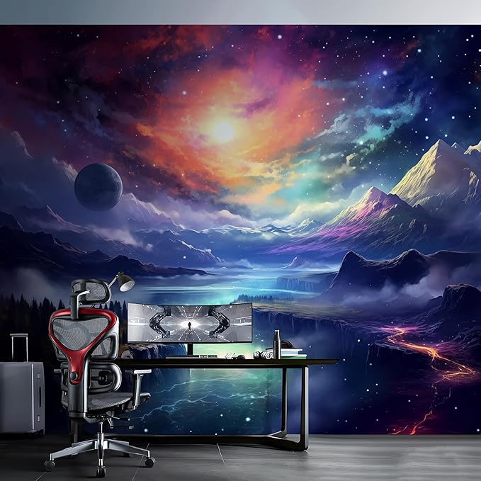 Zeeko Fantasy Galaxy Mountain Wall Mural Peel and Stick 148" W x 98" H Colorful Canvas Waterproof Self Adhesive Removable Wallpaper for Gaming Room Bedroom Large Wall Decor