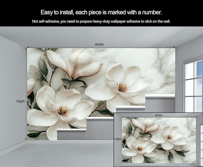 White Magnolia Flower Wall Mural, Vintage Floral Art Mural Wallpaper, Abstract Gray and White Marble Texture Large Wallpaper for Bedroom Living Room Wall Decor 59" W x 39.4" H