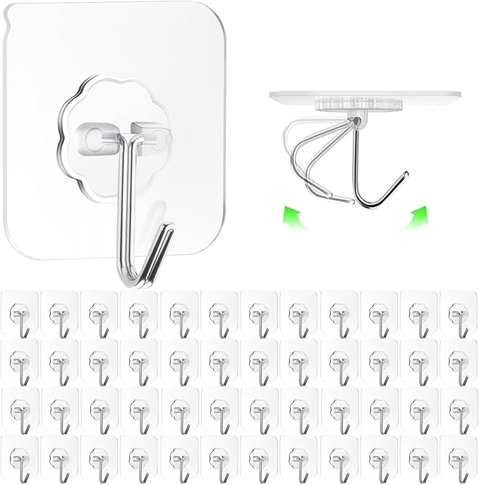 ZESLMG Adhesive Wall Hooks for Hanging, 48 Pack Self Sticky Hooks Heavy Duty 22lb Clear, Removable Shower Hook No Damage for Towel Key Coat Wreath Picture Outdoor Ceiling Bathroom Kitchen, Waterproof