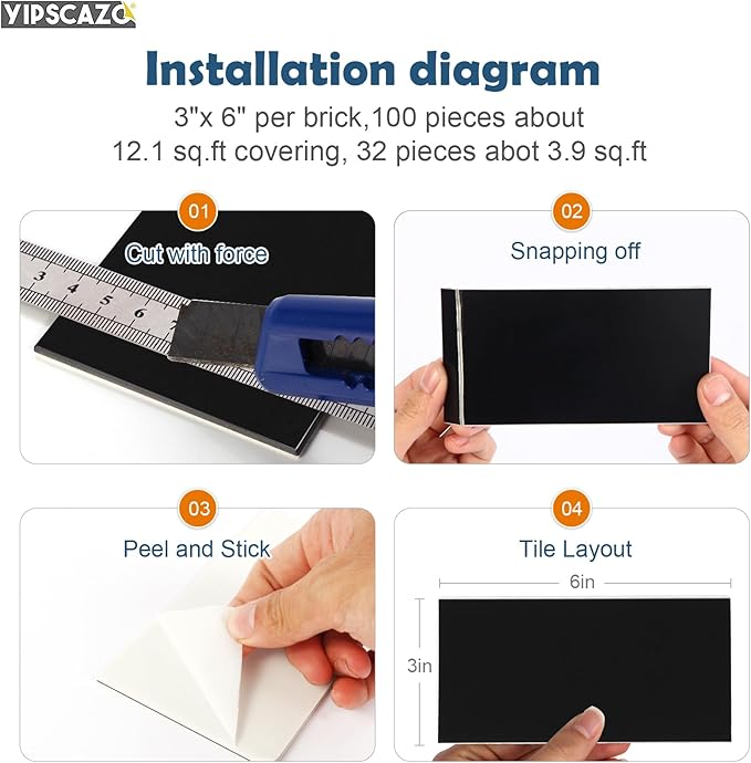 Yipscazo 2026 New Upgrade Peel and Stick backsplash 3 x 6 Inches 3D PVC Composite Wall Tile Stick on Backsplash Tile for Kitchen Bathroom, Laundry Room, Fireplace(Pure Black, 160 Pieces)