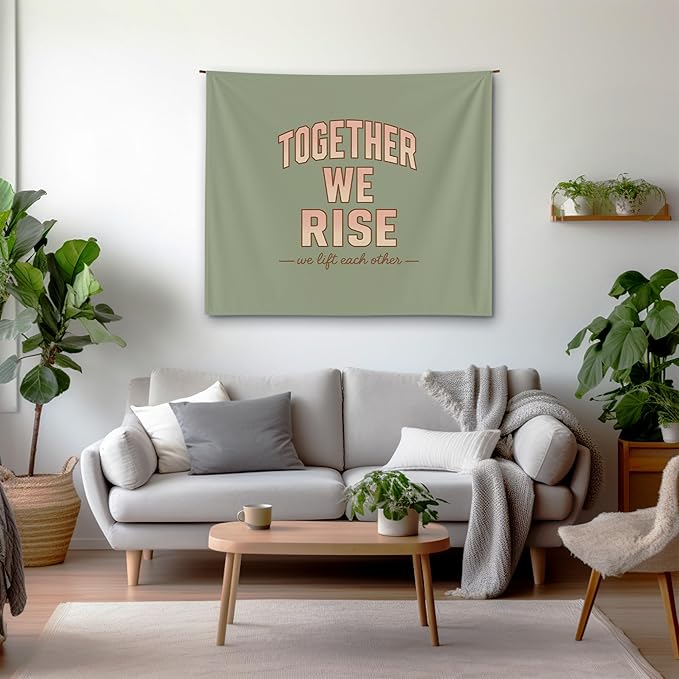 Xolytar Sage Green Tapestry Together We Rise - Preppy Room Decor Aesthetic, Retro Motivational Quote Wall Art for Teen Girls Bedroom, Sorority Dorm, Classroom & Office (50x60)