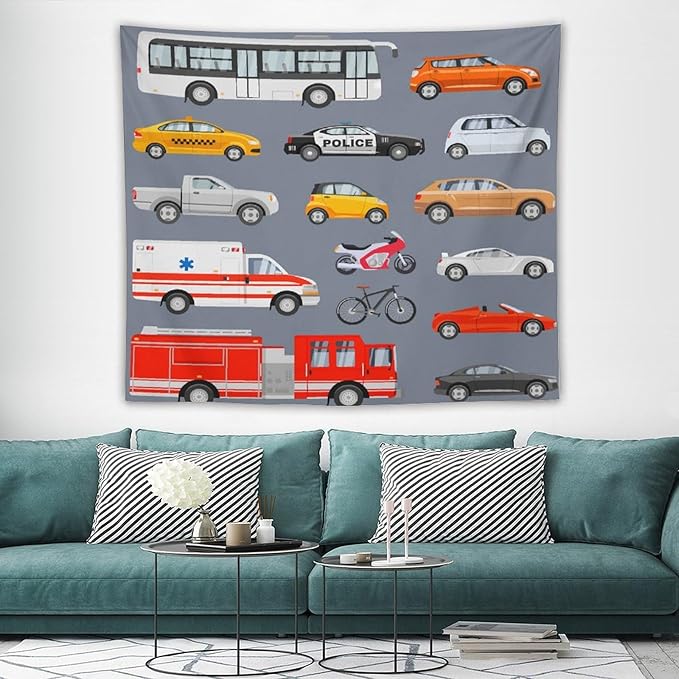 ZhiRain Transportation Tapestry Wall Hanging Various Vehicles Cartoon Cars Bus Police Car, Ambulance Tapestries Home Decor for Living Room Bedroom Apartment Farmhouse Dorm 50"x60"