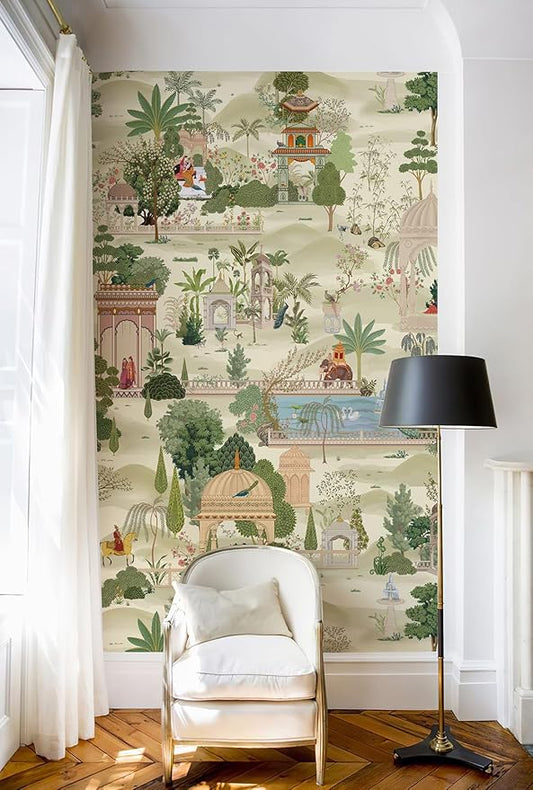 Zeeko Exotic Tropical Green Wall Mural Peel and Stick 59" W x 98" H Botanical Indian Garden Canvas Waterproof Self-Adhesive Removable Wallpaper for Hallway Large Art Wall Decor