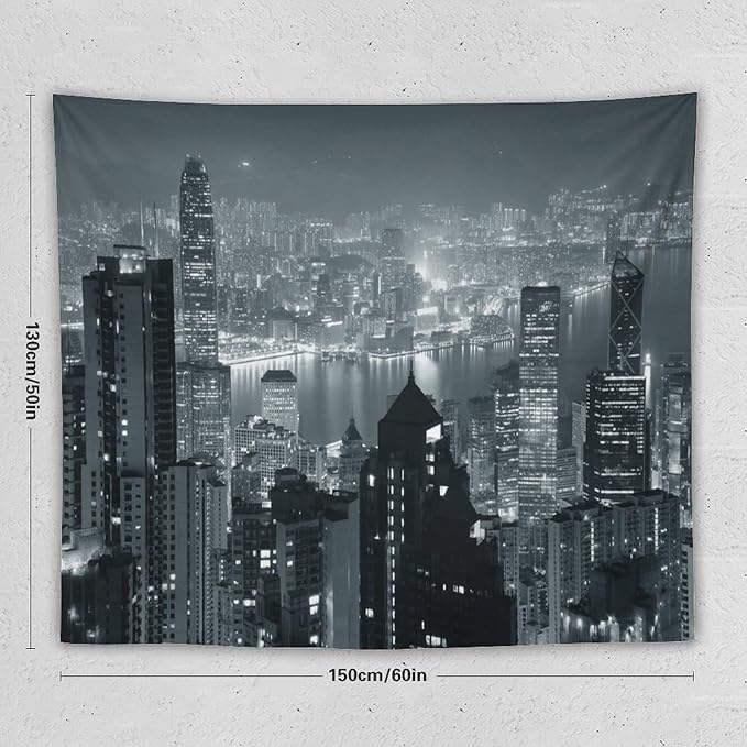 ZhiRain City Tapestry Wall Hanging Aerial Night View Hong Kong Skyline Modern Famous Urban Town Tapestries Home Decor for Living Room Bedroom Apartment Farmhouse Dorm 50"x60"