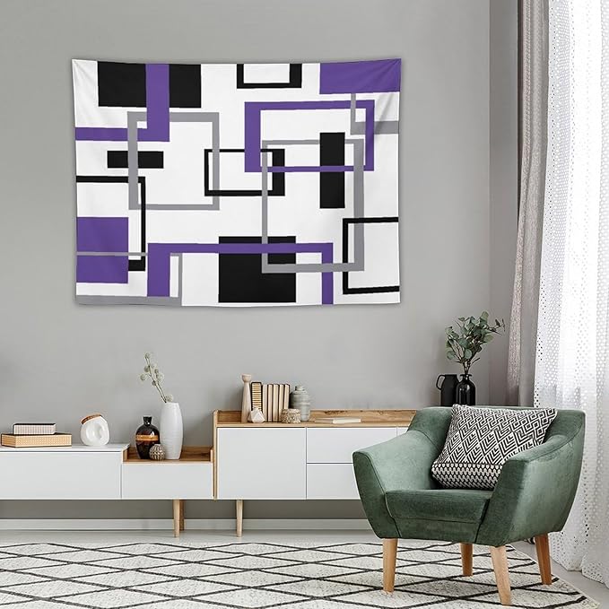 ZhiRain Purple Tapestry Wall Hanging Mid Century Modern Geometric Abstract Lavender Black Grey Square White Backdrop Tapestries Home Decor for Living Room Bedroom Apartment Farmhouse 30"x40"
