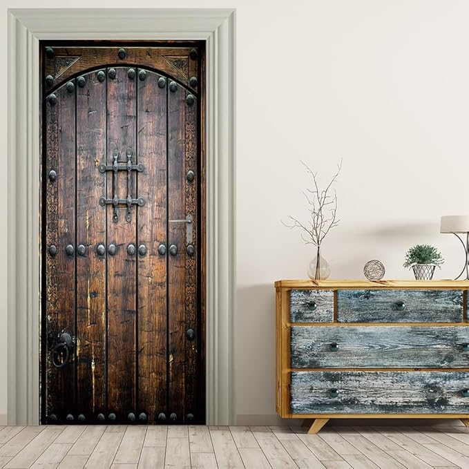 3D Door Stickers Murals Peel and Stick - Wooden Door - Wallpaper Self-Adhesive Decals Removable PVC Waterproof Poster for Bedroom Living Room Wall Decoration 30.3" x 78.7"