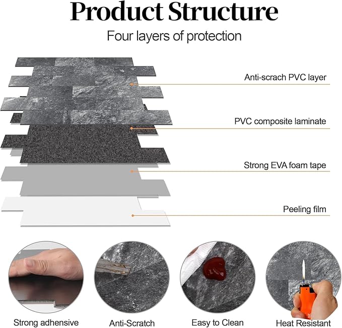 10-Pack Peel and Stick Tile Backsplash 12"X12" PVC Wall Tiles, Stick on Backsplash for Kitchen, Bathroom Tile, Fireplace Décor, Laundry Table, Stair Decals in Dark Rock