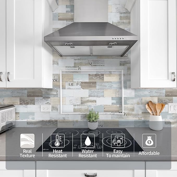 Yipscazo Peel and Stick backsplash 3 x 6 Inches 3D PVC Composite Wall Tile Stick on Backsplash Tile for Kitchen Bathroom, Laundry Room, Fireplace(Vintage Wood Grain, 32 Pieces)