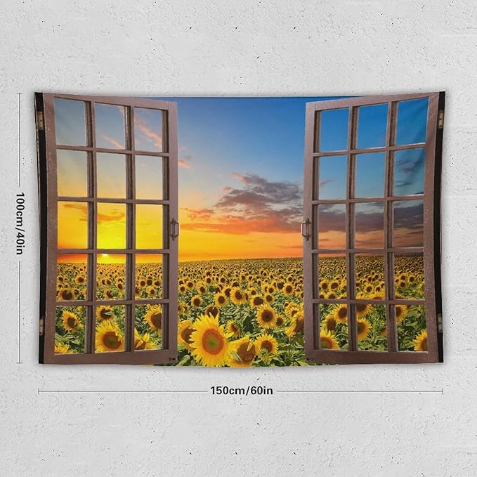 ZhiRain Sunflowers Scenery Tapestry Wall Hanging Through The Window Fields Sunset Landscape Tapestries Home Decor for Living Room Bedroom Apartment Farmhouse Dorm 40"x60"
