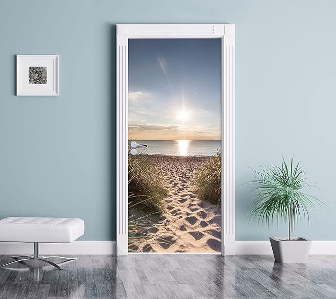 3D Door Stickers Murals Peel and Stick - Beach Path - Wallpaper Self-Adhesive Decals Removable PVC Waterproof Poster for Bedroom Living Room Decoration 30.3 x 78.7 inch