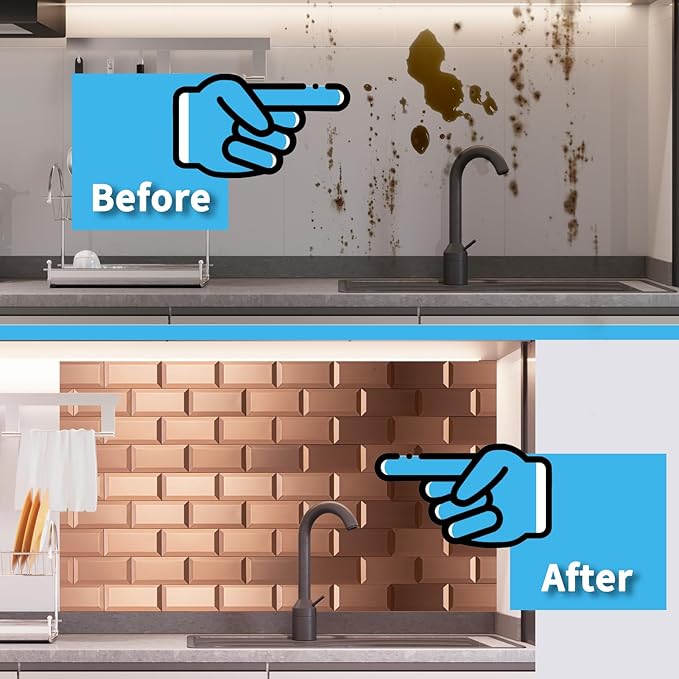 Art3d 100 Pcs Peel and Stick Backsplash Tiles, 3D Textured Metal Stick On Subway Wall Tiles for Kitchen Back Splashes, Bathroom, Laundry Room, 3 x 6 Inch, Copper