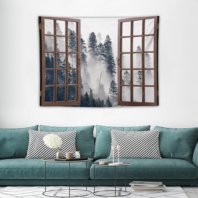 ZhiRain Misty Forest Landscape Tapestry Wall Hanging Wooden Window Forest Mountain Tree Scenery Tapestries Home Decor for Living Room Bedroom Apartment Farmhouse Dorm 30"x40"