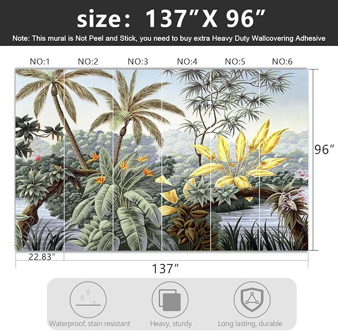 YIHWM -Tropical Botanical Palm Leaf Fabric Wallpaper Living Room Bedroom Bathroom Rainforest Plant Jungle Large Wall Mural- 137"x96"（ not Peel and Stick）