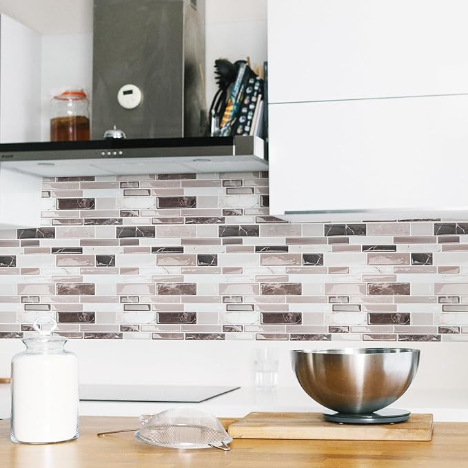 Art3d Peel and Stick Backsplash Tiles for Kitchen, 10-Sheet Self Adhesive Removable Stick On Vinyl Wall Tiles, 12" x 12",Brown Marble
