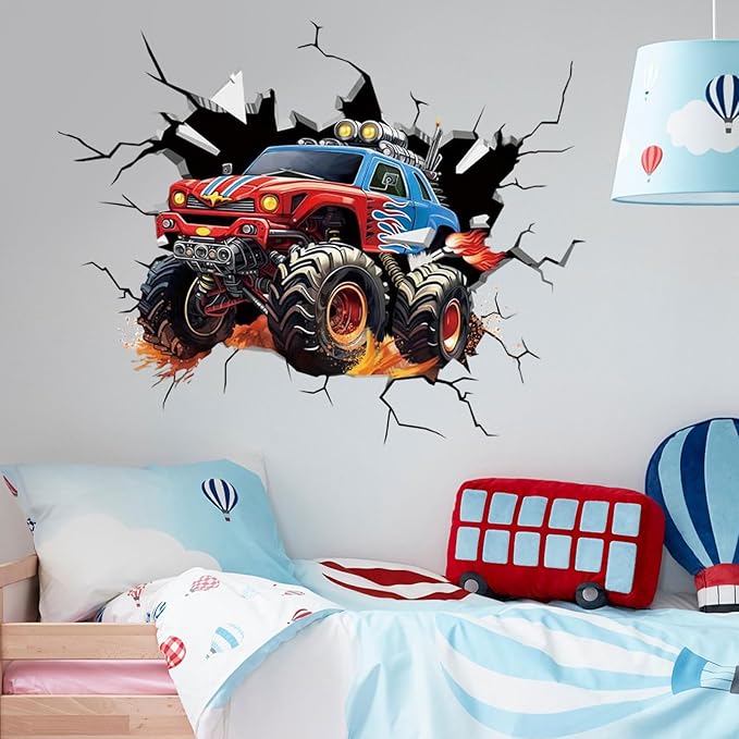 3D Racing Cars Wall Decals Removable Peel and Stick Window Clings 1 Large Trucks for Kids Bedroom, Boys Room, Playroom Decor