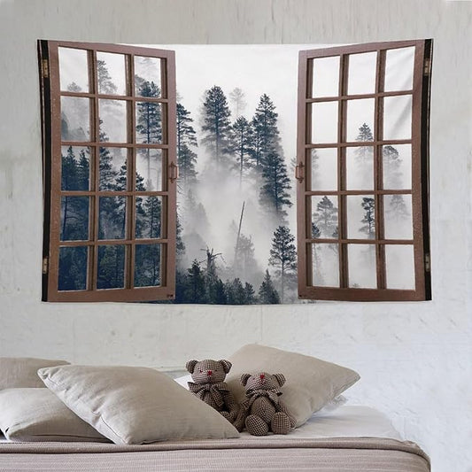ZhiRain Misty Forest Landscape Tapestry Wall Hanging Wooden Window Forest Mountain Tree Scenery Tapestries Home Decor for Living Room Bedroom Apartment Farmhouse Dorm 60"x90"