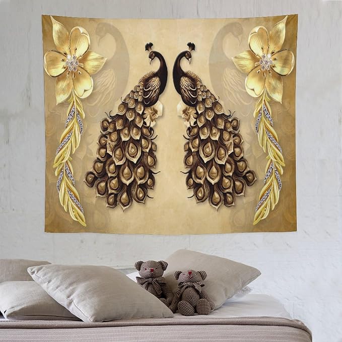 ZhiRain Gold Peacock Tapestry Wall Hanging Vintage Bird Rustic Animal Elegant Flower Luxury Tapestries Home Decor for Living Room Bedroom Farmhouse Apartment Dorm 50"x60"