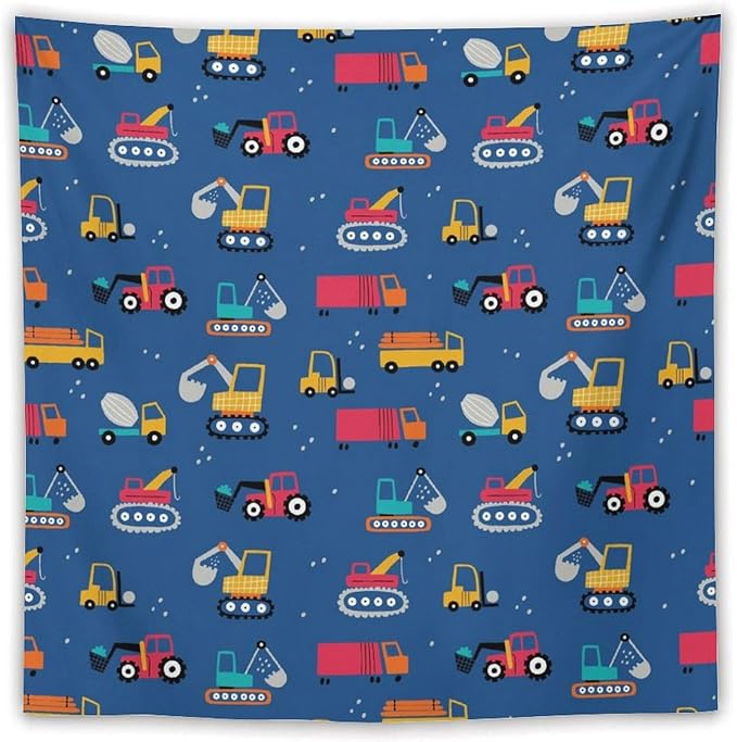 ZhiRain Cartoon Cars Print Tapestry Wall Hanging for Kids Room Cartoon Shovel And Trucks Blue Tapestries Home Decor for Living Room Bedroom Apartment Farmhouse Dorm 60"x60"