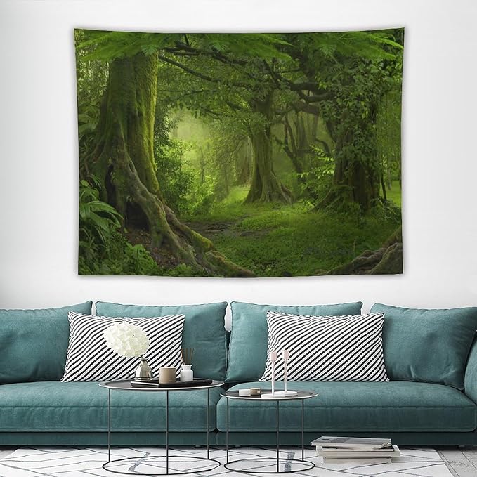 ZhiRain Misty Forest Tapestry Wall Hanging Green Tree in Jungle Forest Nature Scenery Woodland Backdrop Tapestries Home Decor for Living Room Bedroom Farmhouse Apartment Dorm 60"x80"