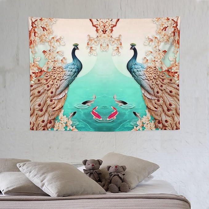 ZhiRain Peacock Tapestry Wall Hanging Retro Floral Elegant Vintage Feather Flower Theme Koi Fish Tapestries Home Decor for Living Room Bedroom Farmhouse Apartment Dorm 30"x40"