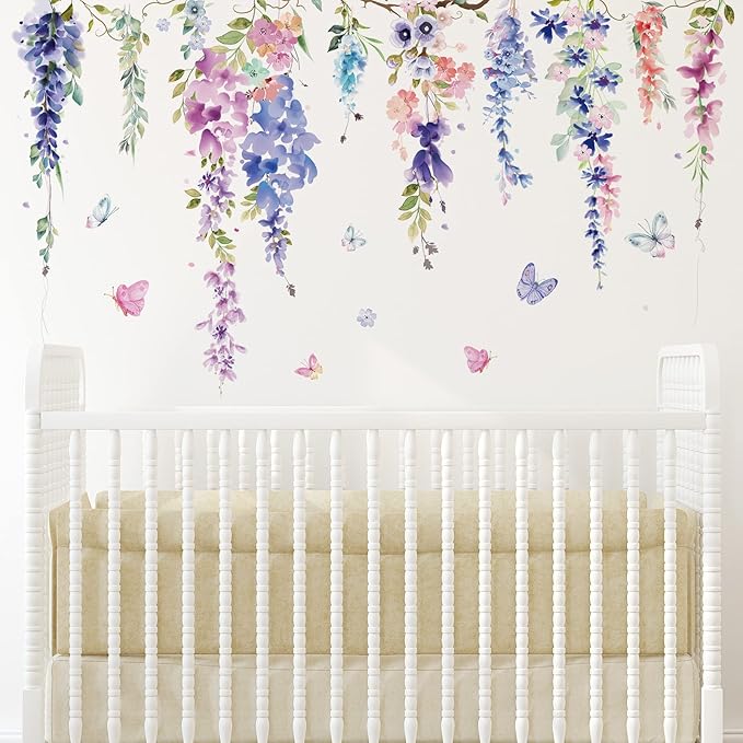 Zonon 6 Pcs Flowers Wall Decals Stickers Vinyl Removable Peel and Stick Colorful Dragonflies Floral Wall Murals Decor for Bedroom Living Room Nursery(Elegant)