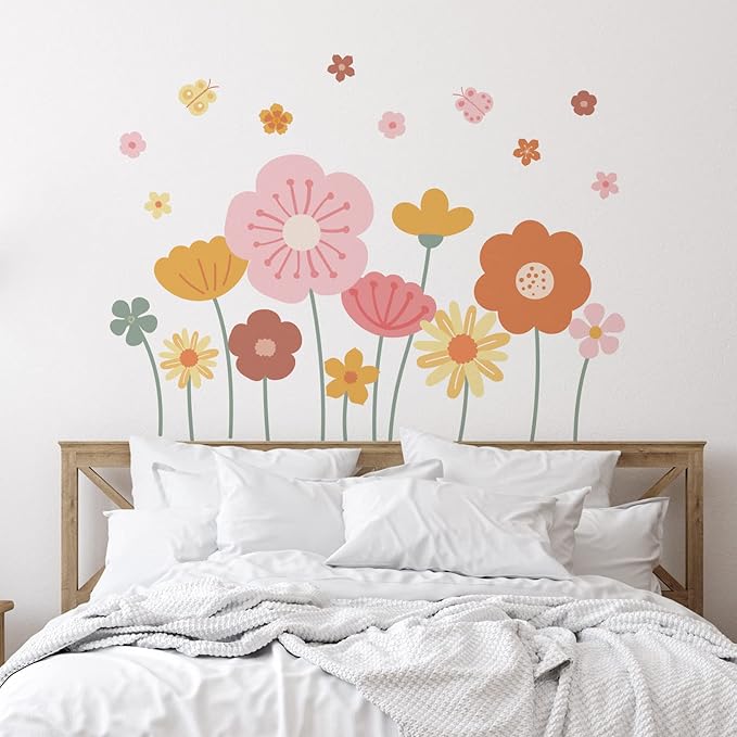 Zonon 6 Pcs Flowers Wall Decals Stickers Vinyl Removable Peel and Stick Colorful Dragonflies Floral Wall Murals Decor for Bedroom Living Room Nursery(Cute)