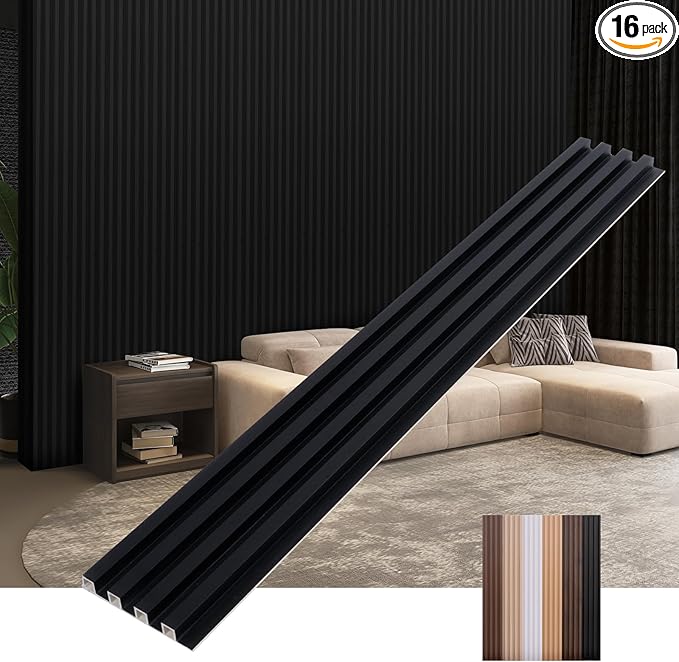 3D Wall Panels for Interior Wall Decor 16 Pack 48"x 6", WPC Matte Black Accent Wall Panels Decorative Covering Wainscoting Panels, Slat Wall Paneling for Bedroom, TV Wall Decor for Living Room