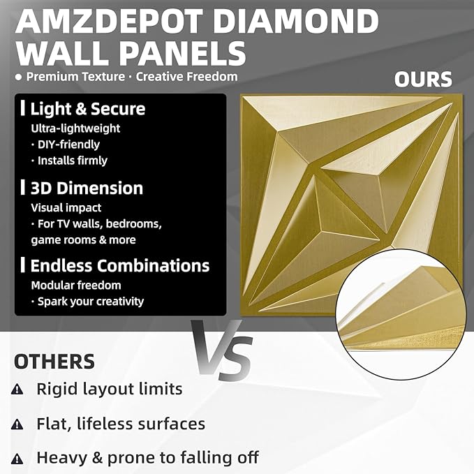 AMZDEPOT 3D Wall Panels for Interior Wall Decor, 3 Layout Options PVC Textured Wall Art Decor for Living Room Bedroom TV Background Gaming Room, 12''x12'', 20 Pcs Gold