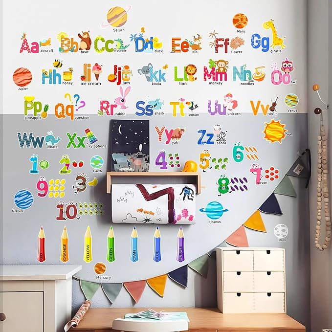 Animal Alphabet Numbers Colour Decals Stickers, ULENDIS ABC Letters Pens Space Planets Educational Wall Decals, Peel and Stick Removable Wall Decors for Toddlers Classroom Bedroom Nursery Playroom