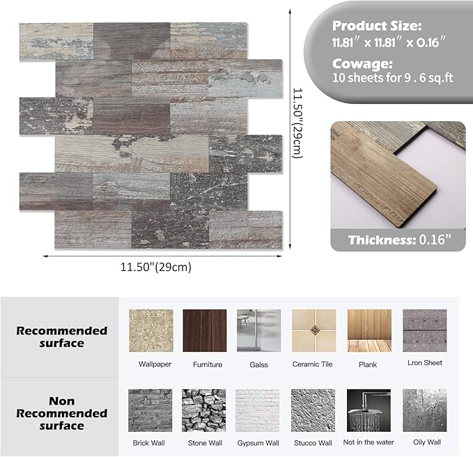 20-Pack Peel and Stick Tile Backsplash 12"X12" PVC Wall Tiles, Stick on Backsplash for Kitchen, Bathroom Tile, Fireplace Décor, Laundry Table, Stair Decals in Rustic Wood Grain