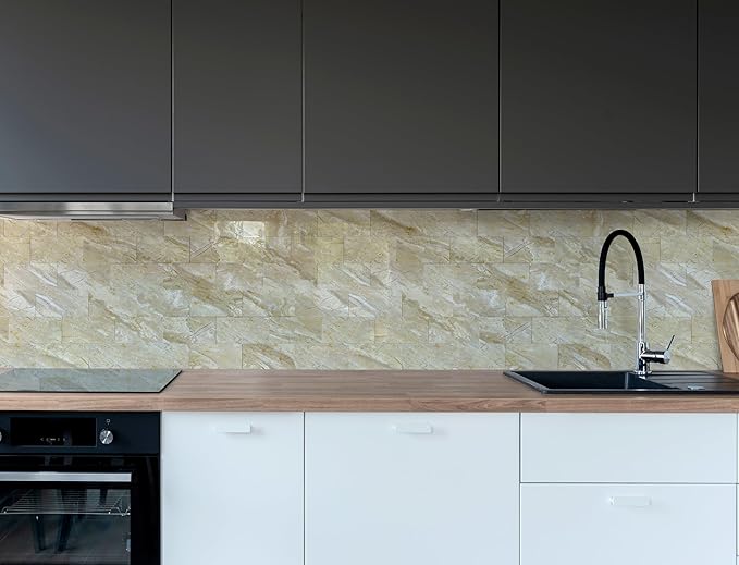 Yipscazo Peel and Stick backsplash 3 x 6 Inches 3D PVC Composite Wall Tile Stick on Backsplash Tile for Kitchen Bathroom, Laundry Room, Fireplace(Polished Beige, 32 Pieces)