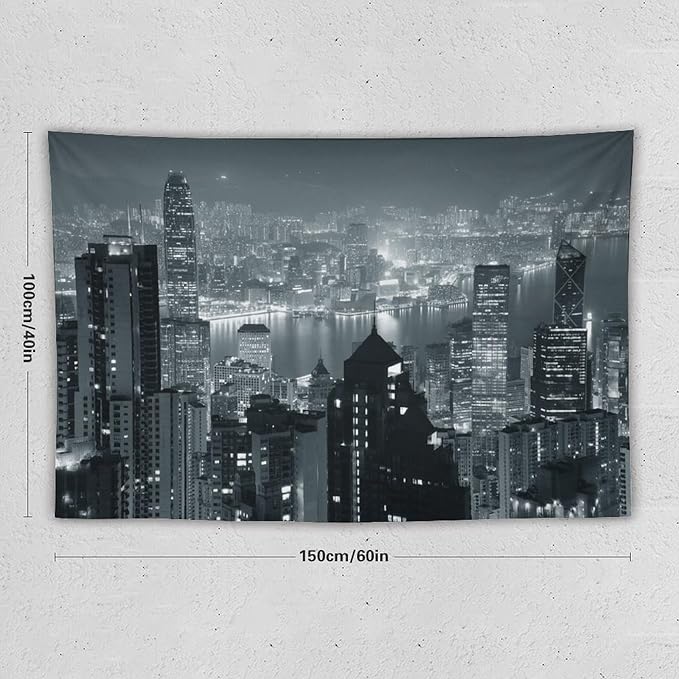 ZhiRain City Tapestry Wall Hanging Aerial Night View Hong Kong Skyline Modern Famous Urban Town Tapestries Home Decor for Living Room Bedroom Apartment Farmhouse Dorm 40"x60"