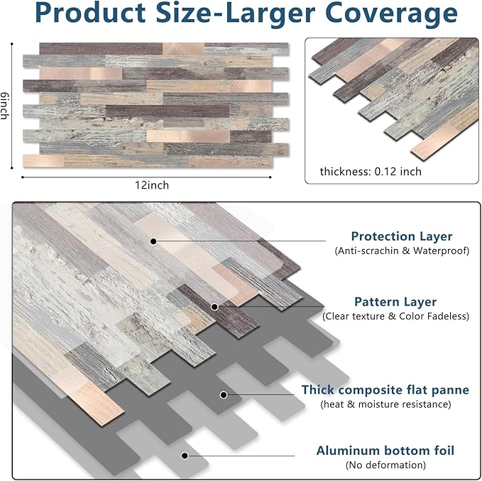 Yipscazo 40 Sheets Peel and Stick Stone Metal Backsplash Tiles, PVC Wall Tiles Stick on Backsplash for Kitchen, Bathroom (6'' X 12'', Rustic Wood)