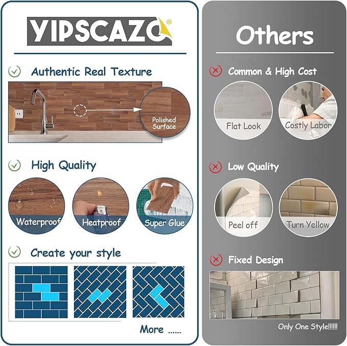 Yipscazo Peel and Stick backsplash 3 x 6 Inches 3D PVC Composite Wall Tile Stick on Backsplash Tile for Kitchen Bathroom, Laundry Room, Fireplace(Brown Wood Grain, 100 Pieces)
