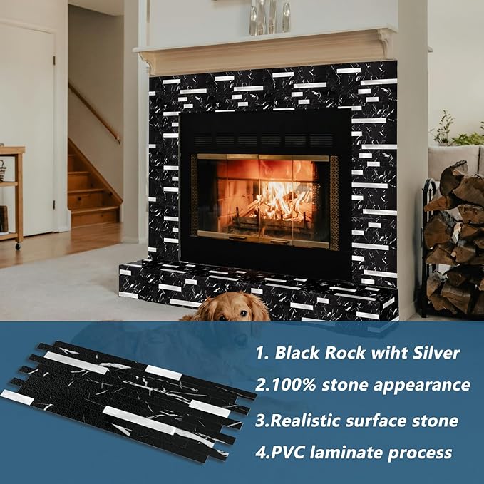 Yipscazo 40 Sheets Peel and Stick Stone Metal Backsplash Tiles, PVC Wall Tiles Stick on Backsplash for Kitchen, Bathroom (6'' X 12'', Black Rock)