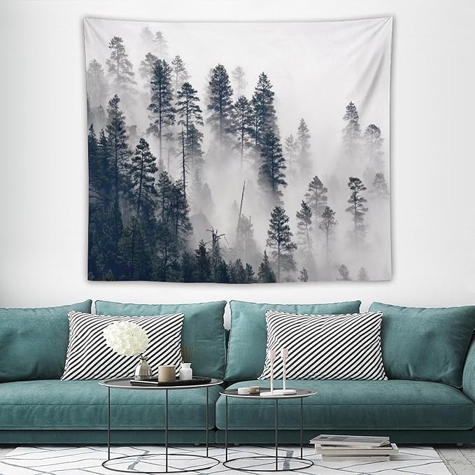 ZhiRain Misty Forest Landscape Tapestry Wall Hanging Wooden Window Forest Mountain Rustic Tapestries Home Decor for Living Room Bedroom Apartment Farmhouse Dorm 50"x60"
