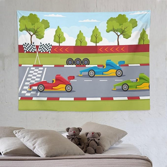 ZhiRain Race Car Tapestry Wall Hanging Cartoon Racing Car Track Formula Racer Sports Finish Line Tapestries Home Decor for Living Room Bedroom Apartment Farmhouse Dorm 60"x80"