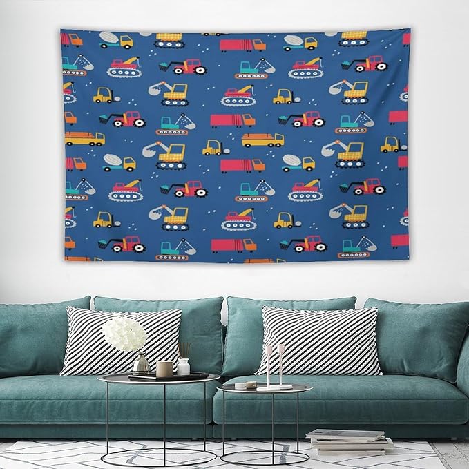 ZhiRain Cartoon Cars Print Tapestry Wall Hanging for Kids Room Cartoon Shovel And Trucks Blue Tapestries Home Decor for Living Room Bedroom Apartment Farmhouse Dorm 40"x60"