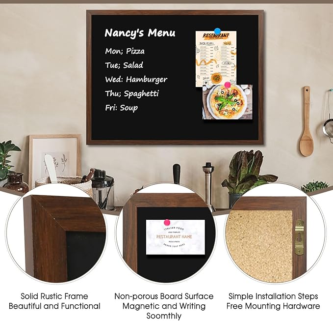 4 THOUGHT Chalk Board 36" x 48", Magnetic Large Chalkboard for Wall Rustic Blackboard Hanging Chalkboards Sign Menu Board for Kitchen Decor Office Home School 4 Markers 8 Magnets, Brown