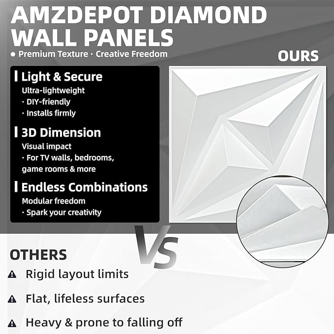 AMZDEPOT 50 Pack 3D Wall Panels for Interior Wall Decor, 3 Layout Options PVC Textured Wall Art Decor for Living Room Bedroom TV Background Gaming Room, 12''x12'', White