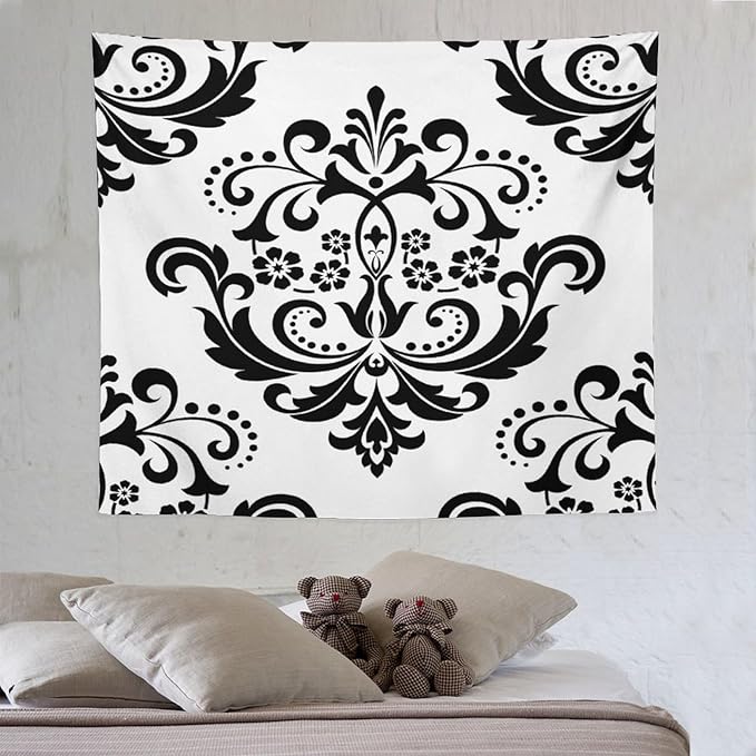 ZhiRain Baroque Damask Floral Pattern Tapestry Wall Hanging Flowers on Black And White Antique Gothic Tapestries Home Decor for Living Room Bedroom Farmhouse Apartment Dorm 50"x60"