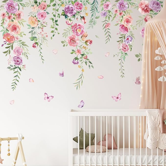 Zonon 6 Pcs Flowers Wall Decals Stickers Vinyl Removable Peel and Stick Colorful Dragonflies Floral Wall Murals Decor for Bedroom Living Room Nursery(Pink Purple Flower)