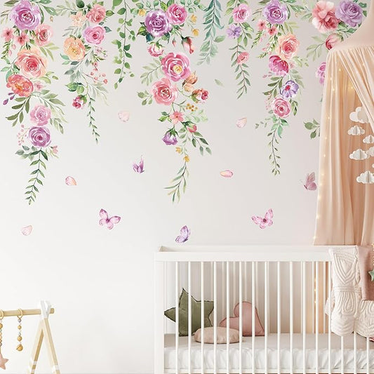 Zonon 6 Pcs Flowers Wall Decals Stickers Vinyl Removable Peel and Stick Colorful Dragonflies Floral Wall Murals Decor for Bedroom Living Room Nursery(Pink Purple Flower)