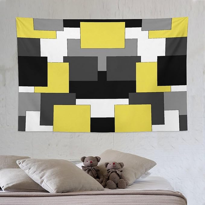 ZhiRain Yellow And Black Tapestry Wall Hanging Gray White Geometric Silver Dark Abstract Square Art Tapestries Home Decor for Living Room Bedroom Apartment Farmhouse Dorm 60"x90"