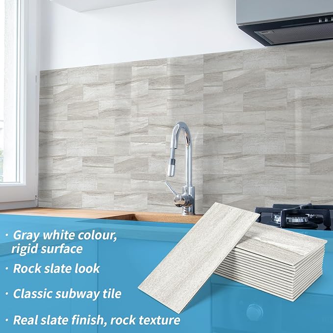 Art3d 102-Piece Faux Stone Peel and Stick Backsplash Tile, Waterproof Thick PVC Stick On Subway Wall Tile for Kitchen Bathroom Laundry Room Fireplace - 3" x 6" Biege Marble