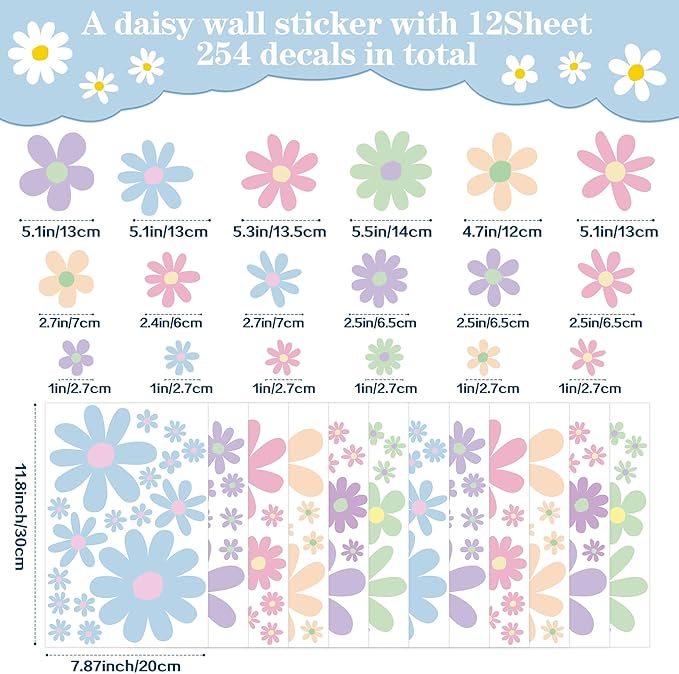 12 Sheets Daisy Wall Decals Boho Flower Wall Stickers Cute Kids Girls Room Decor Peel and Stick Floral Decals Toddler Nursery Playroom Living Room Bedroom Classroom Retro Hippie Decor Pastel Style