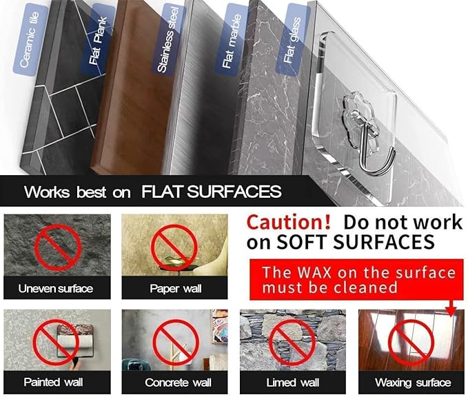 ZESLMG Adhesive Wall Hooks No Damage for Hanging, 24 Pack Large Self Sticky Hooks Heavy Duty 44lb Removable, Clear Hook for Shower Towel Coat Key Picture Wreath Outdoor Bathroom Kitchen, Waterproof