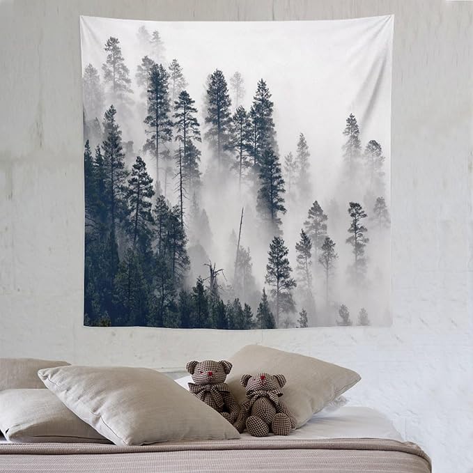 ZhiRain Misty Forest Landscape Tapestry Wall Hanging Wooden Window Forest Mountain Rustic Tapestries Home Decor for Living Room Bedroom Apartment Farmhouse Dorm 60"x60"
